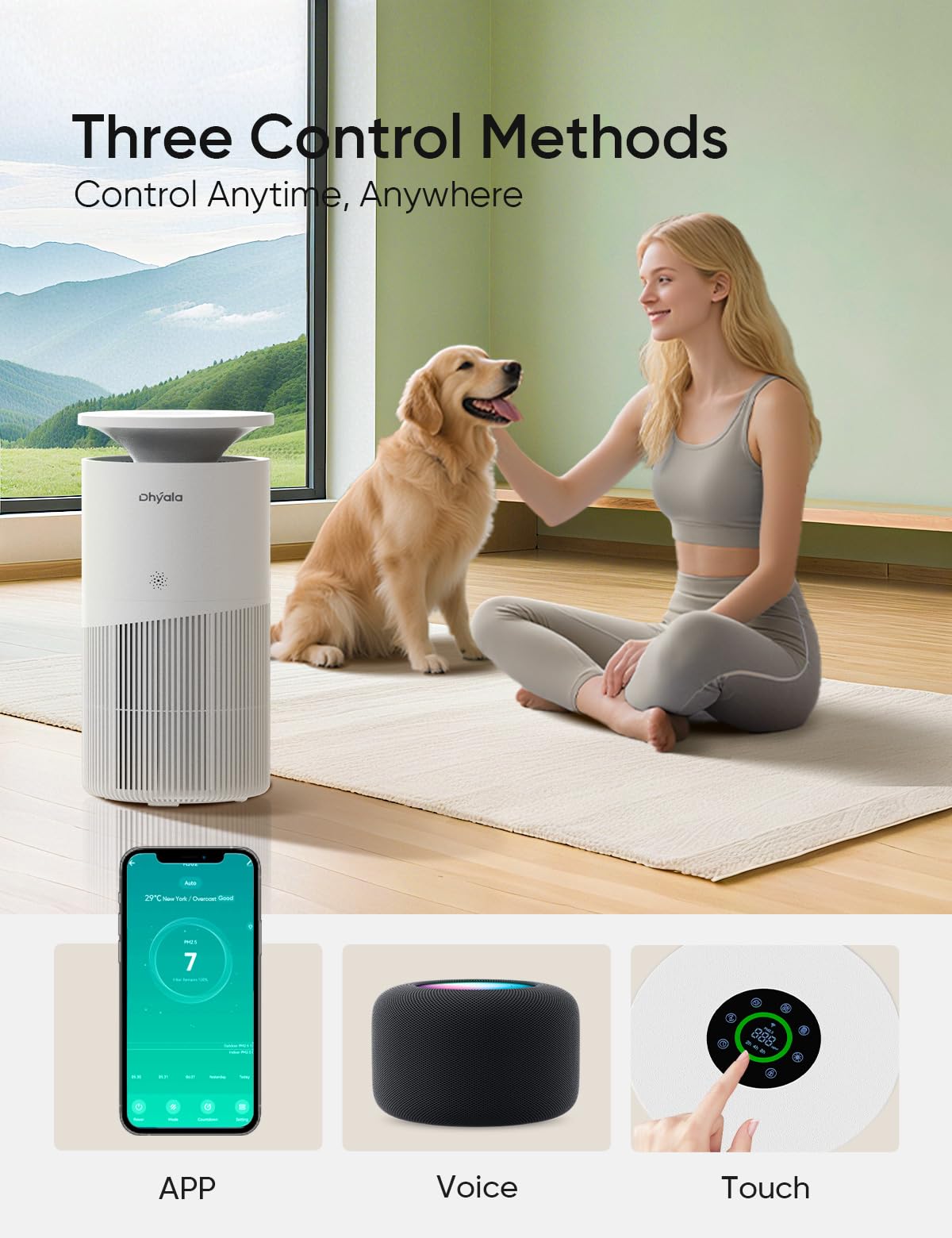 Dhyala KJ02 Air Purifier – 3620ft², H13 HEPA, Pet Hair & Odor, Smart WiFi, 360° Intake, Auto Mode, Pet Lock, Ultra-Quiet 22dB, 1 Filter + 6 Pre-Filters