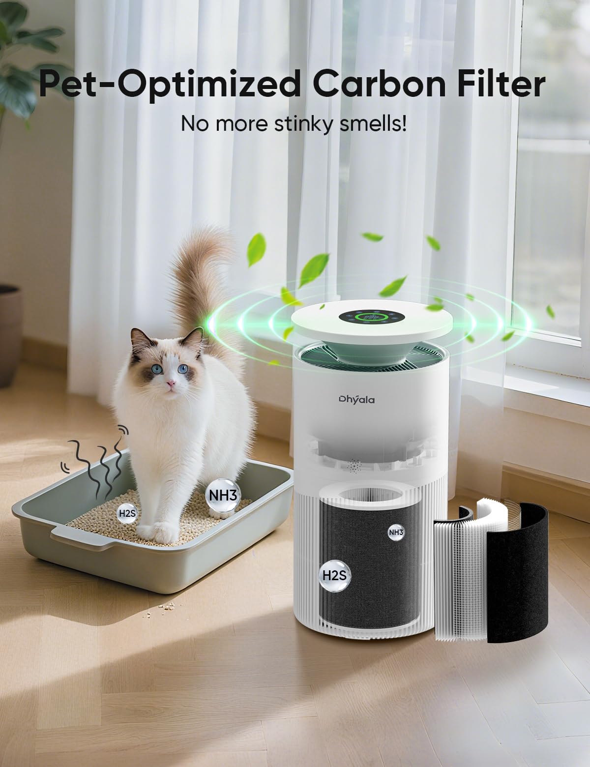 Dhyala KJ02 Air Purifier – 3620ft², H13 HEPA, Pet Hair & Odor, Smart WiFi, 360° Intake, Auto Mode, Pet Lock, Ultra-Quiet 22dB, 1 Filter + 6 Pre-Filters